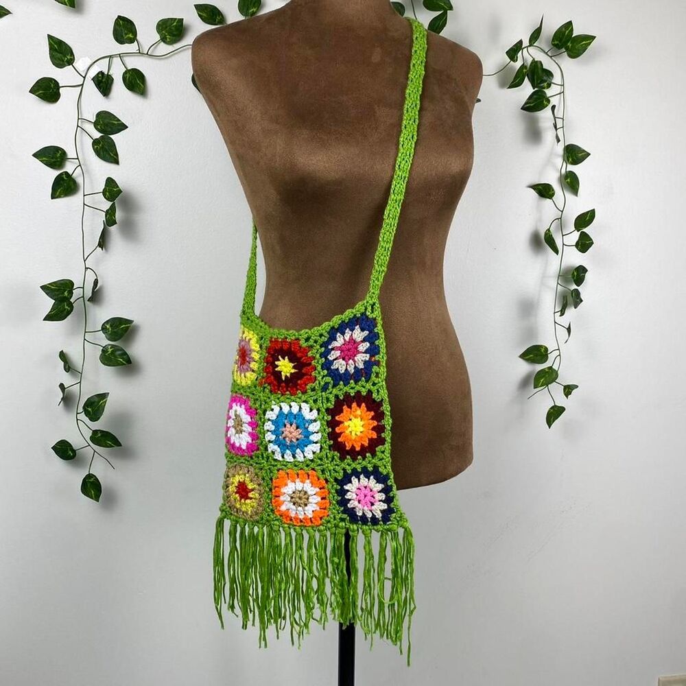 Handmade crochet mini patchwork bag fringe granny square floral design crossbody